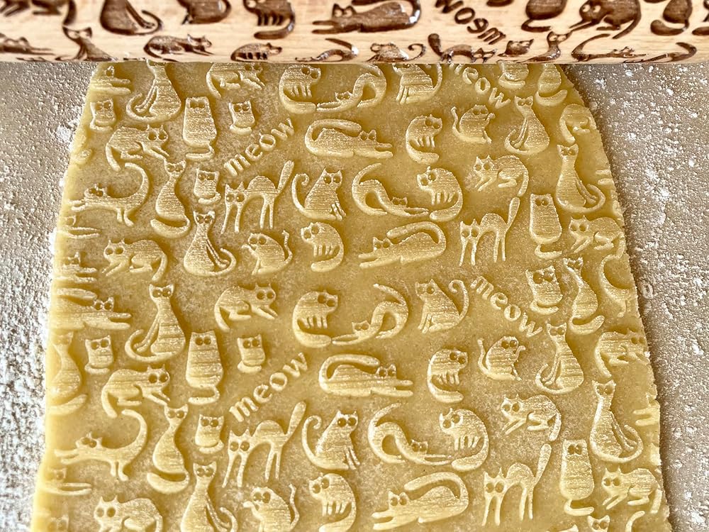 MEOW CATS EMBOSSING ROLLING PIN WOODEN HANDMADE ROLLING PIN with CATS GIFT FOR CAT LOVERS