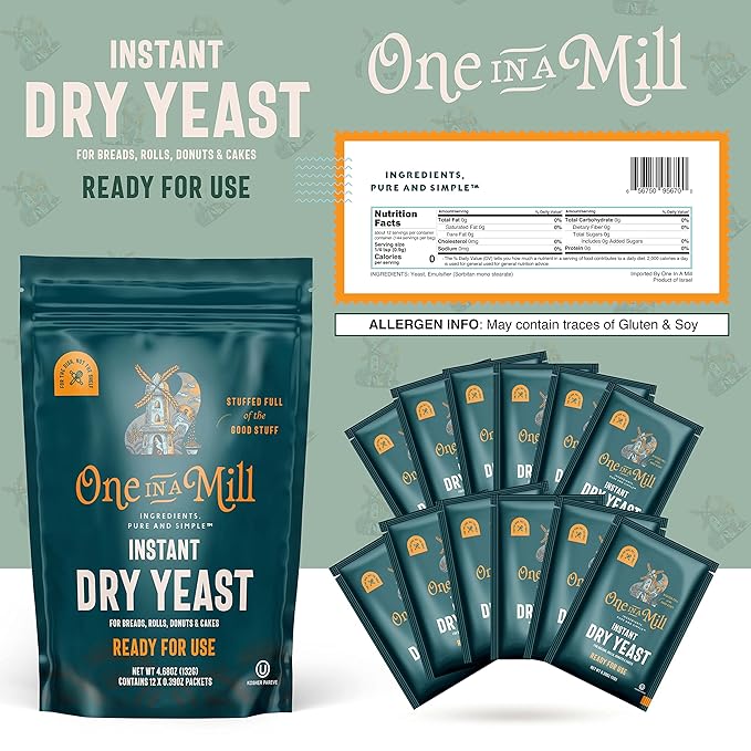One in a Mill Instant Dry Yeast Packets | Fast Acting Self Rising Yeast for Baking Bread, Cake, Pizza Dough Crust | Kosher | Quick Rapid Rise Leavening Agent for Pastries | 12 Packets