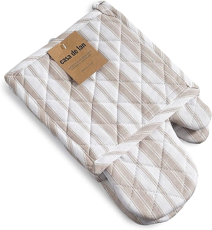 1 Oven Mitt, 1 PotHolder & 1 Kitchen Apron Set - Durable Heat Resistant Gloves - Thick Mittens for Kitchen - Suitable for Cooking, Baking, Grilling – for Men & Women – Taupe Stripes - Casa De Lan