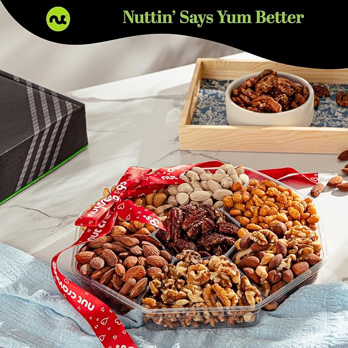 NUT CRAVINGS - Thanksgiving Mixed Nuts Gift Basket + Heart Ribbon (7 Assortments) Holiday Xmas Christmas Food Arrangement, Healthy Snack Care Package, Food Assortments