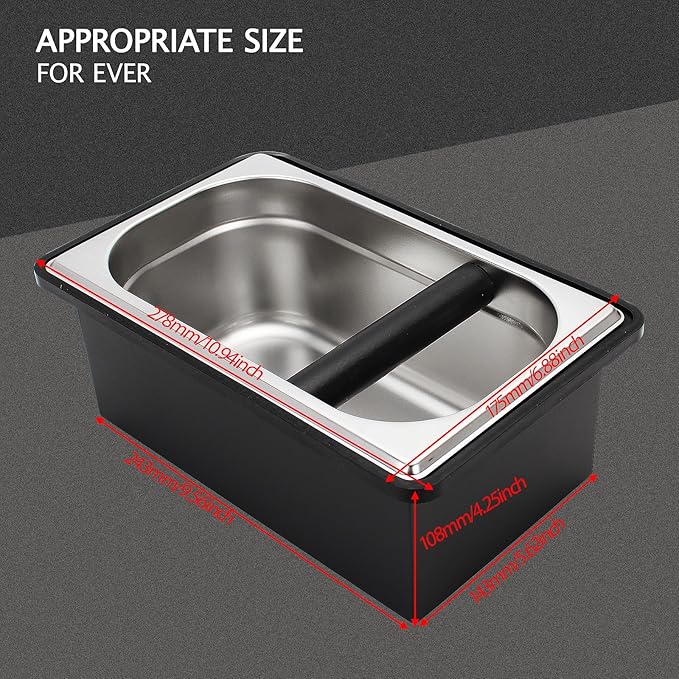 Espresso Knock Box,Stainless Steel Coffee Pucks Container, with Steel Holder and Noise Reduction Rubber Ring (10.94 x 6.88 x 4.25 inch)