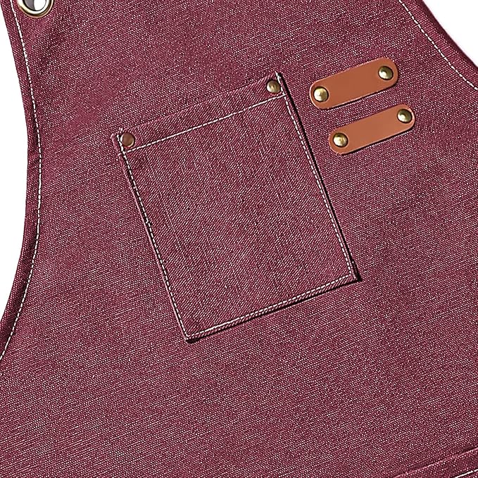 AFUN Chef Aprons for Men Women with Large Pockets, Cotton Canvas Cross Back Heavy Duty Adjustable Work Apron, Size M to XXL(Darkred)