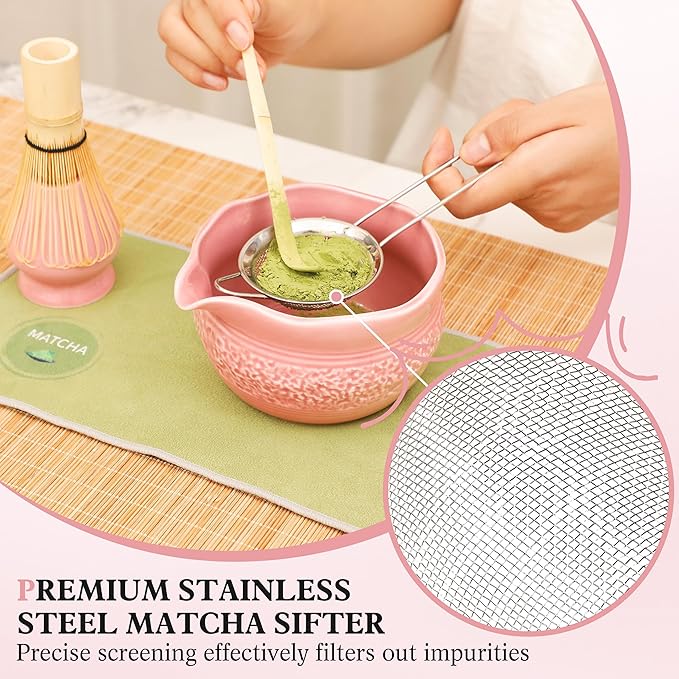 Matcha Whisk Set, Pink Matcha Set, 8 Pcs Complete Ceramic Matcha Making Kit with Bowl, Bamboo Whisk & Holder, Stainless Sifter, Tea Towel, Scoop & Scoop Rest, Perfect for Beginners & Lovers