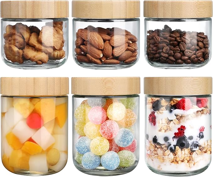 OcePor 6 Pack Glass Jars with Bamboo Lids, Over Night Oats Container with Airtight Lid, Glass Snack Storage Salad Jars For Food, Yogurt, Sugar and Flour,Coffee Bean, Cookie, Cereal