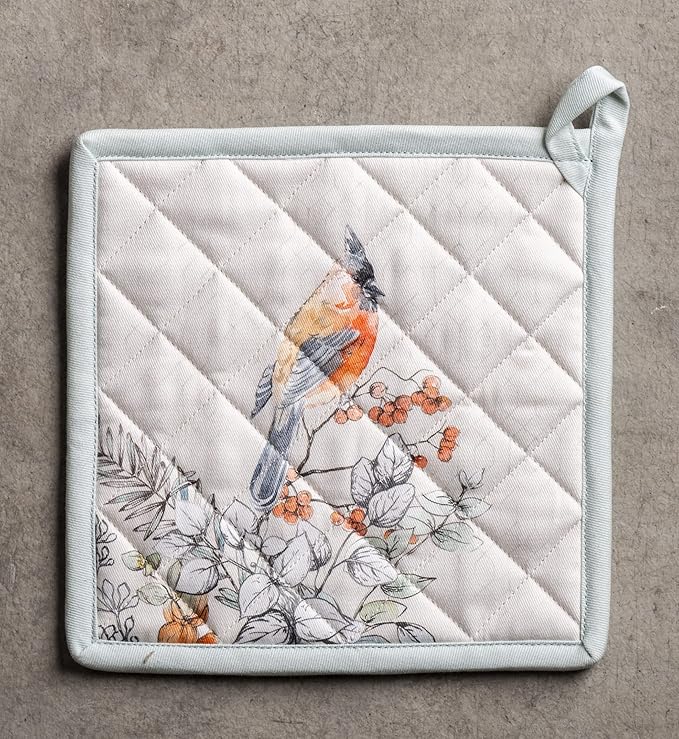 Maison d' Hermine Pot Holders 100% Cotton Heat Resistant Potholders 8" x 8" Hot Pads with Loop BBQ, Cooking, Baking, Grilling, Kitchen, Handling Hot Pans (Pack of 1, Whitish Shabby Chique)