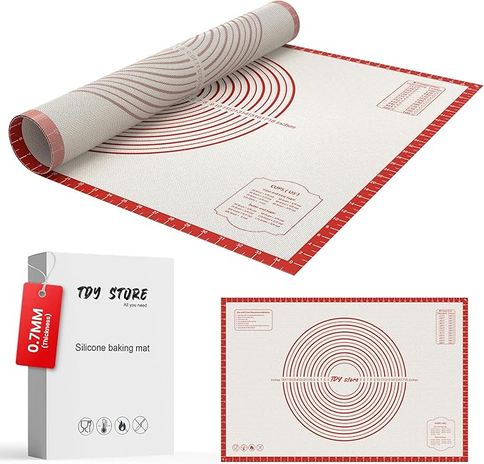 26 * 16 inches Red, Non-Slip Silicone Baking Sheets - Baking Mat with 0.7mm Thickness - Non-Stick Pastry & Cookie Mat for Kitchen Counter for Rolling Out Dough with Measurements.