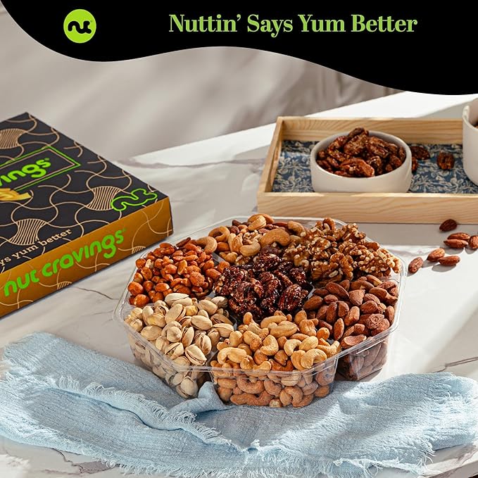 NUT CRAVINGS - Thanksgiving Mixed Nuts Gift Basket in Black Gold Box (7 Assortments, 2 LB) Holiday Xmas Christmas Food Arrangement, Healthy Snack Care Package, Food Assortments
