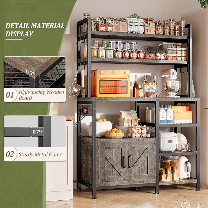 EnHomee Bakers Rack with Power Outlet, 6 Tier Microwave Stand, Coffee Bar Organizer with 8 L-Shaped Hooks, Kitchen Shelves with Storage, 14.1 x 30.1 x 63.1 Inches, Black Oak