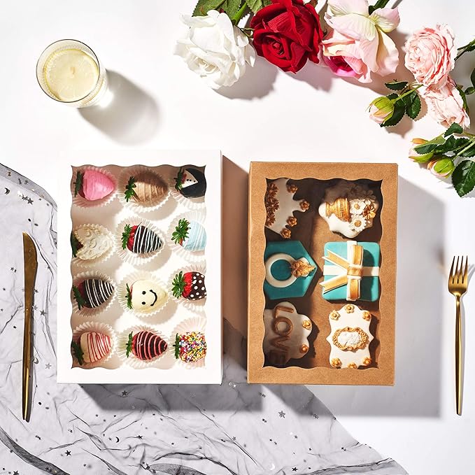 12PCS 10 x 7 x 2.5 inches Cookies Bakery Boxes with Window, Cakesicle, Chocolate Bomb, Macaron, Clear Chocolate Covered Strawberries, Pretzel Rods Boxes