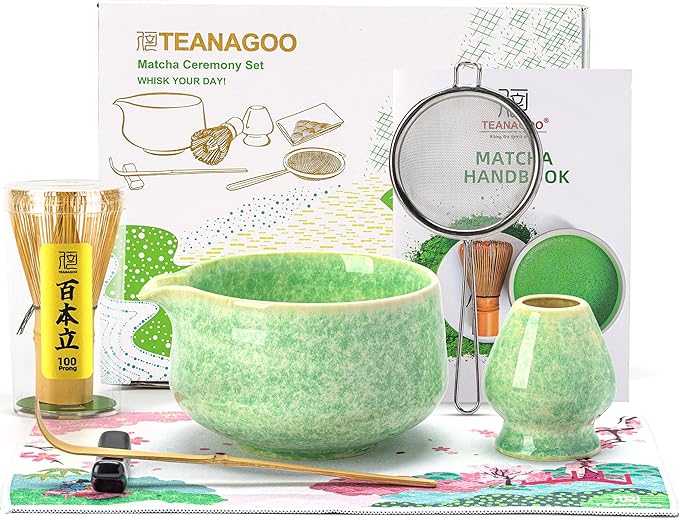 TEANAGOO Matcha Whisk Set,7 Pcs Matcha Set Green,Ceremony Matcha Kit,Matcha Tea Set for Making Latte,Ceramic Bowl(chawan) whith Spout and Whisk,Gift for Matcha Lovers