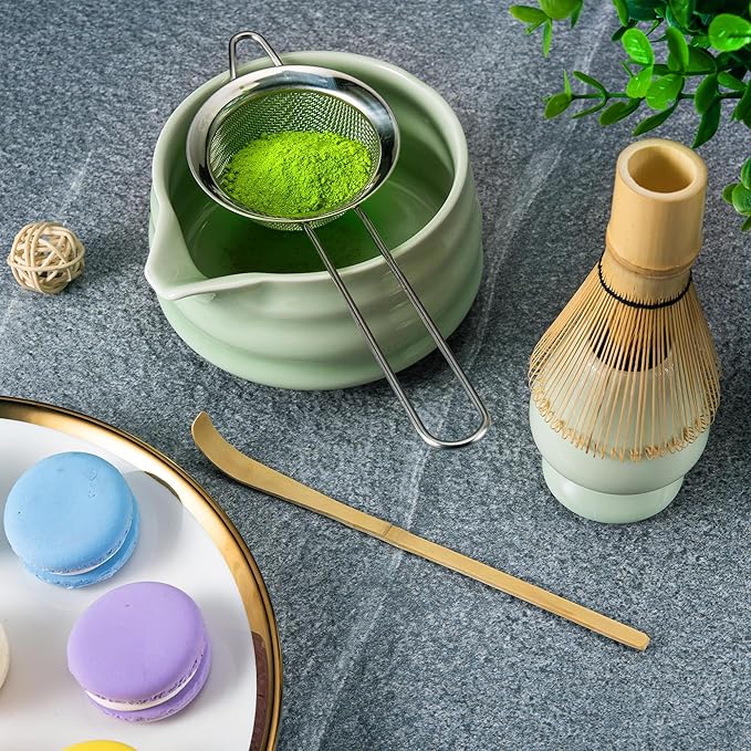 Marce Matcha Whisk Set- Matcha Set includes Matcha Whisk and Bowl (Bowl with Spout), Sifter, Holder and Scoop- The Perfect Bamboo Whisk for Matcha Tea (Green- 7PC)