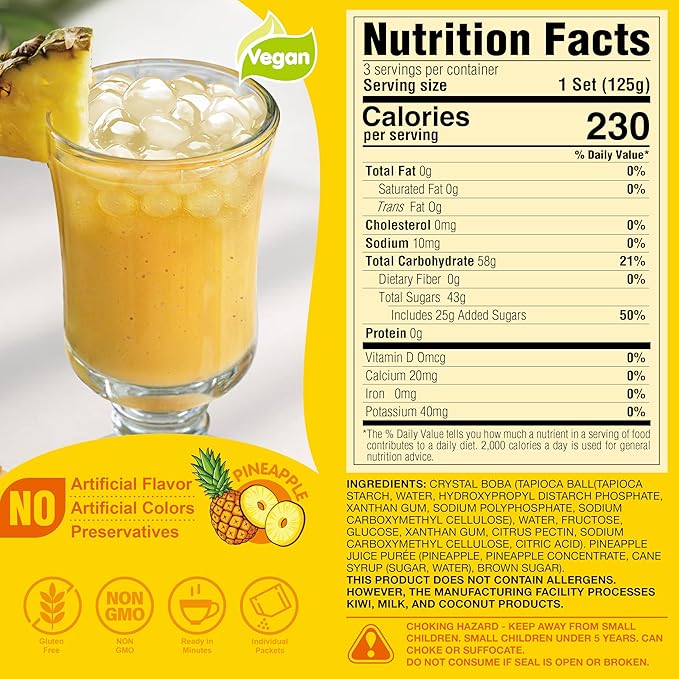 J WAY Instant Boba Bubble Pearl Pineapple Juice Drinks Kit with Authentic Crystal Tapioca Boba, Ready in Under One Minute, Paper Straws Included, 3 Servings