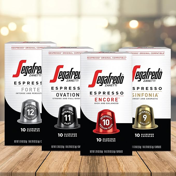 Segafredo Zanetti Espresso Capsules – Aluminum Pods for Nespresso Original Machines – Ovation & Forte Variety Pack Premium Espresso – Dark and Extra Dark Roast – Ovation & Forte, 10 Count (Pack of 4)