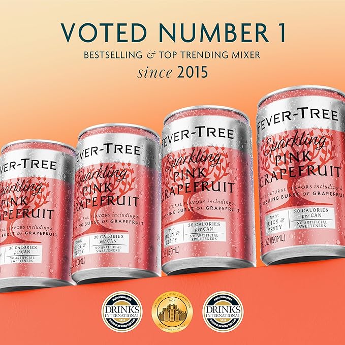 Fever-Tree Sparkling Pink Grapefruit - Premium Quality Mixer - Refreshing Beverage for Cocktails & Mocktails. Naturally Sourced Ingredients, No Artificial Sweeteners or Colors - 5.1 Fl Oz Cans - Pack of 24