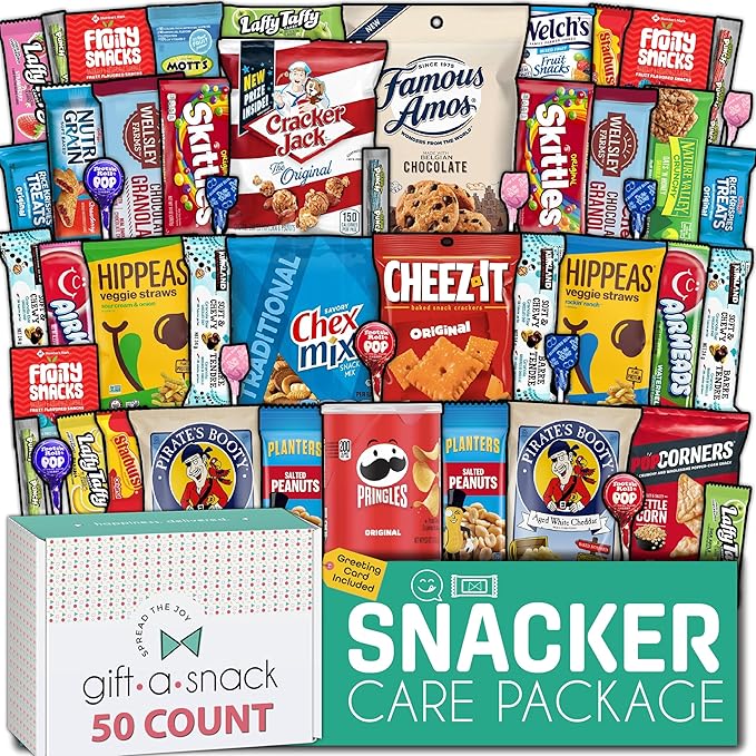 Gift A Snack - Thanksgiving, Holiday, Christmas Stocking Stuffer Snack Box Variety Pack Care Package + Greeting Card (50 Count) Birthday Sweet Treats Gift Basket, Candies Chips Crackers Bars