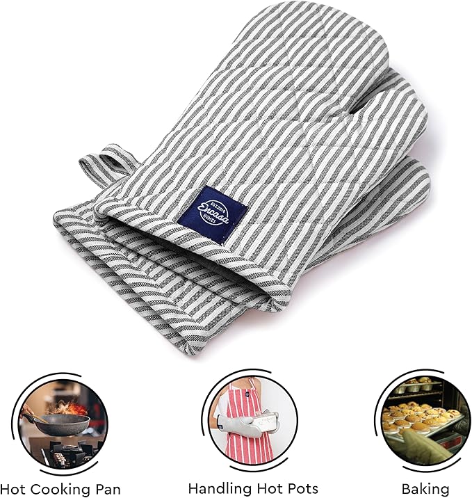 Encasa Homes Long 12"x7" Oven Microwave Hand Gloves Mitts (2 pc Set) for Kitchen Cooking & Baking - Heat Resistant, Thick & Safe, Protection of Hands from Hot Utensils - Ticking Black
