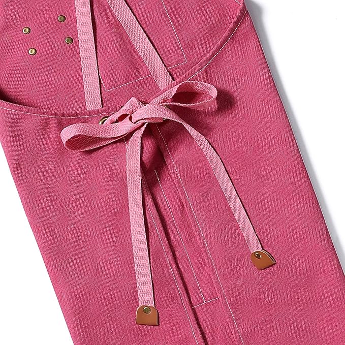 AFUN Chef Aprons for Men Women with Large Pockets, Cotton Canvas Cross Back Heavy Duty Adjustable Work Apron, Size M to XXL (Pink)