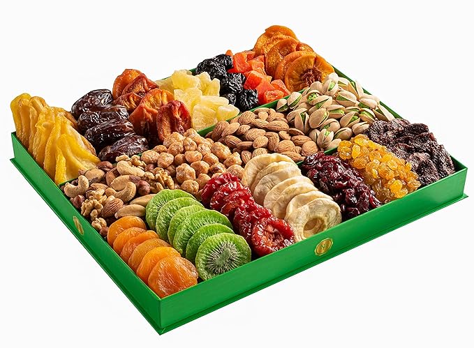 Thanksgiving Dried Fruit & Nuts Gift Basket - Extra Large Selection of 18 Food Tray - Assorted Food Gift Box for Christmas, Holiday, Family, Sympathy, Men & Women.