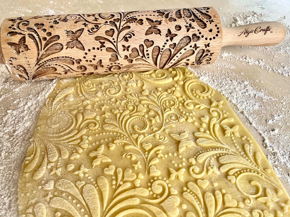 ROLLING PIN SPRING WOODDEN EMBOSSING ROLLING PIN with BUTTERFLIES and FLOWERS EMBOSSED COOKIES GIFT FOR MOTHER FRIEND