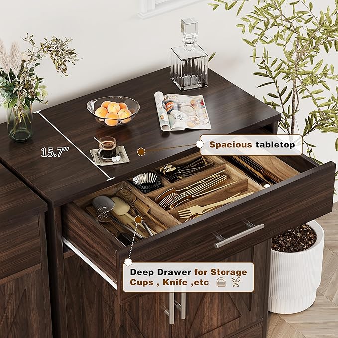 Vongrasig Sideboard Buffet Cabinet with Storage, Modern Kitchen Storage Cabinet with 1 Drawer and 2 Doors, Wood Coffee Bar Buffet Table for Kitchen, Dining Room, Rustic Brown