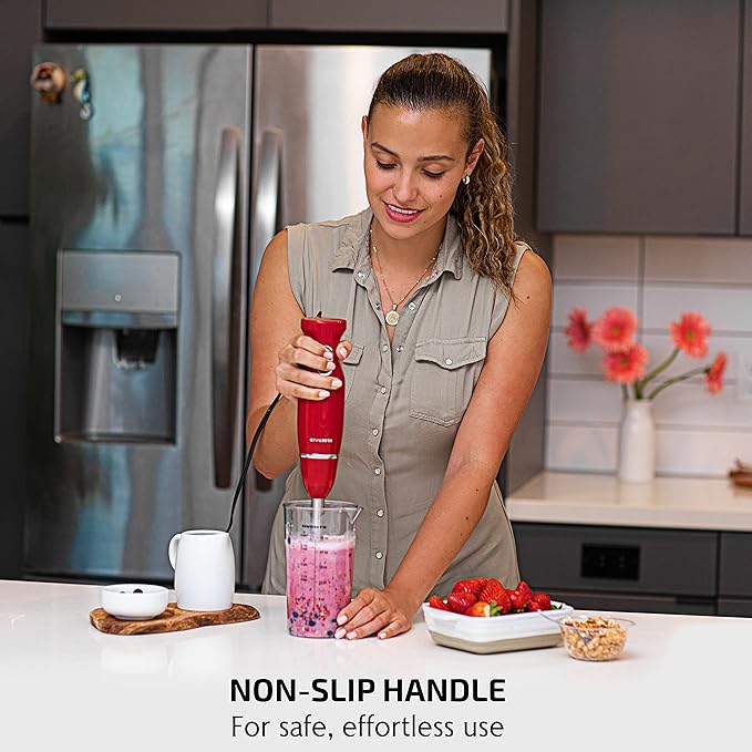 OVENTE Immersion Hand Blender, 300W Electric Handheld Portable Stick Mixer Set with 2 Mixing Speed, Stainless Steel Blades, Egg Whisk Attachment, Mixing Beaker and BPA-Free Food Chopper, Red HS565R