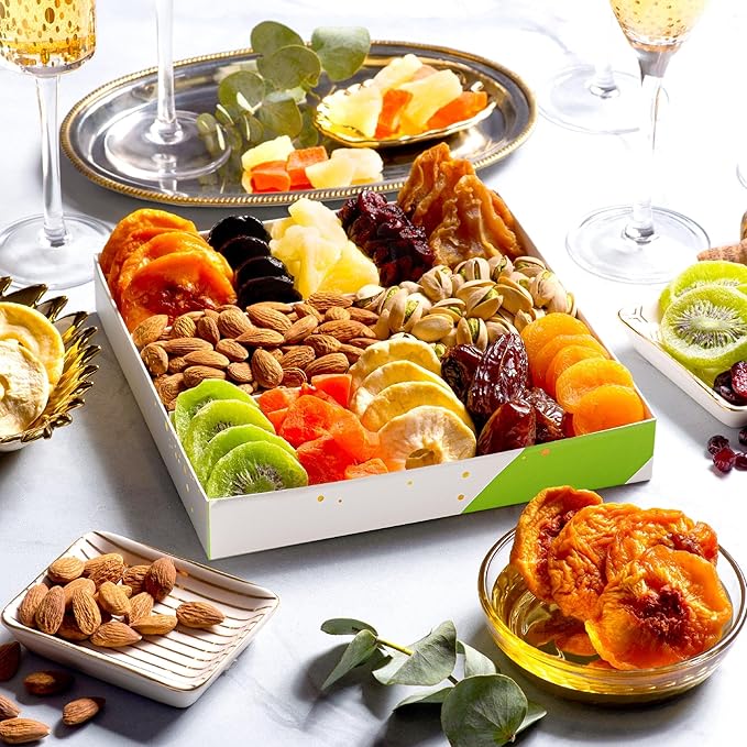 NUT CRAVINGS - Thanksgiving Dried Fruit & Mixed Nuts Gift Basket in White Gold Box (12 Assortments) Holiday Xmas Christmas Food Arrangement, Healthy Snack Care Package, Food Assortments
