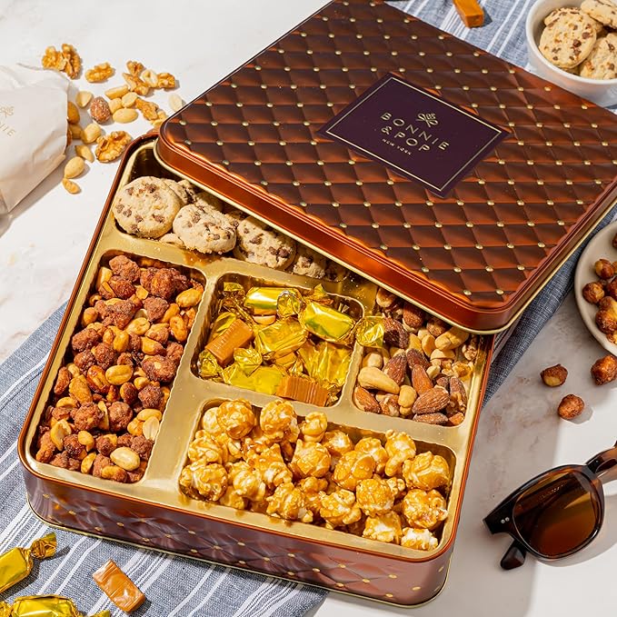 Holiday Snack Assortment Gift Basket- Cookie and Nuts Gift Tin- Gourmet Treat Variety Present in Keepsake Tray– Gift Idea for Men, Women, Him, Her- Bonnie and Pop