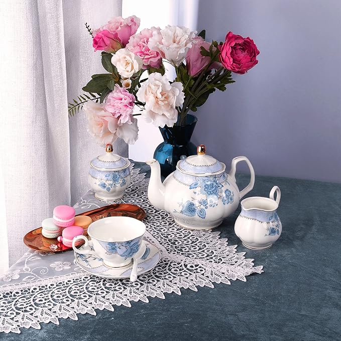 fanquare Blue Flowers Porcelain Tea Set, Tea Cup and Saucer Set Service for 6, Wedding Tea Set with Sugar Bowl Cream Pitcher, Floral Coffee Set for Tea Party