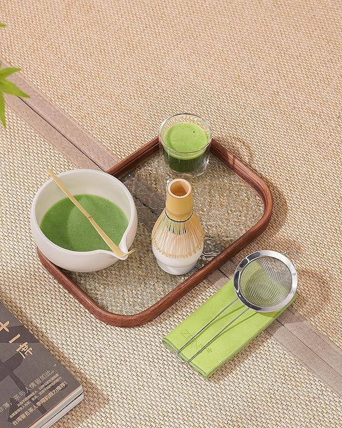 ZENS Matcha Whisk Set, 6pcs Matcha Kit Set Includes Ceramic Bowl and Bamboo Whisk & (Chasen Holder), Sifter, Scoop -Tea Towel, Japanese Chawan with Spout for Lovers, White