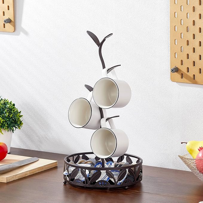 ALLCENER Mug Holder Stand, Countertop Mug Tree, Coffee Pod Holder with Mug Rack, Coffee Counter Bar Accessory & Kitchen Organizer