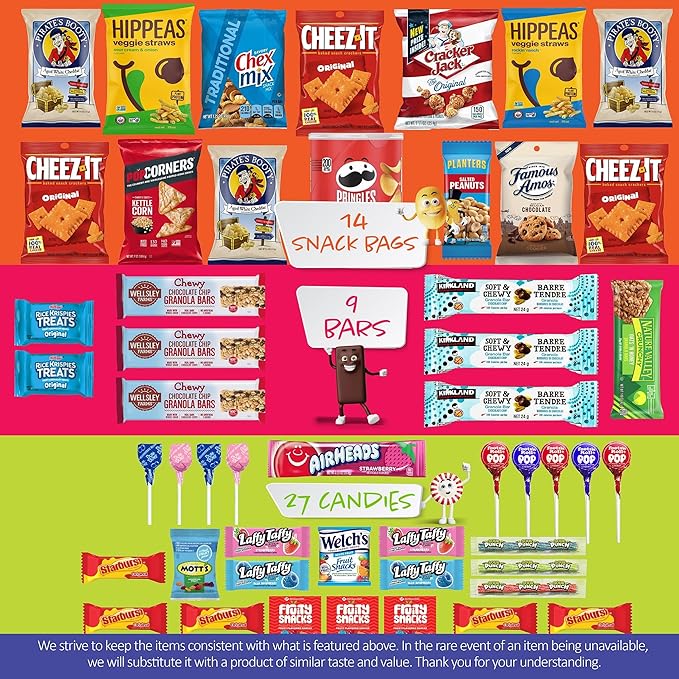 I AM Snacky - Thanksgiving Snack Box Variety Pack Care Package + Greeting Card - SNACKY'S BLISS BITES (50 Count) Birthday Sweet Treats Gift Basket, Candies Chips, Office Food Assortments
