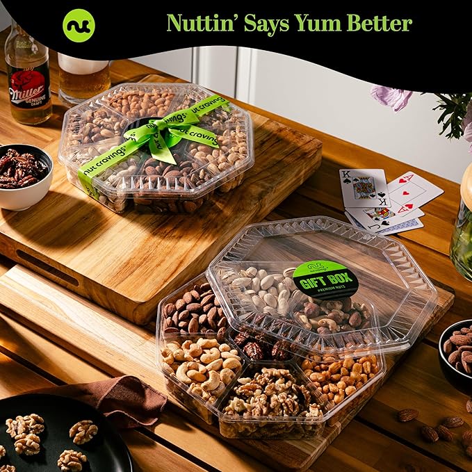 NUT CRAVINGS - Thanksgiving Mixed Nuts Gift Basket + Green Ribbon (7 Assortments, 2.2 LB) Holiday Xmas Christmas Food Arrangement, Healthy Snack Care Package, Food Assortments
