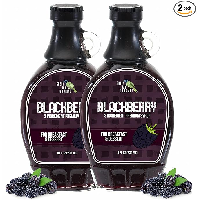 Green Jay Gourmet Blackberry Syrup - 3 Ingredient Premium Breakfast Syrup with Fresh Blackberries, Cane Sugar, Lemon Juice - All-Natural, Non-GMO Pancake Syrup, Waffle Syrup, Dessert Syrup - 2 x 8 Oz