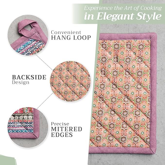 Maison d' Hermine Pot Holders Set 100% Cotton Heat Resistant Potholders 8" x 8" Hot Pads with Loop BBQ, Cooking, Baking, Grilling, Kitchen, Handling Hot Pans (Pack of 2, Ispahan)