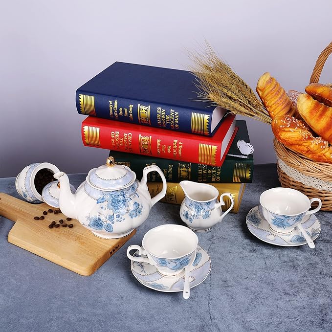 fanquare Blue Flowers Porcelain Tea Set, Tea Cup and Saucer Set Service for 6, Wedding Tea Set with Sugar Bowl Cream Pitcher, Floral Coffee Set for Tea Party