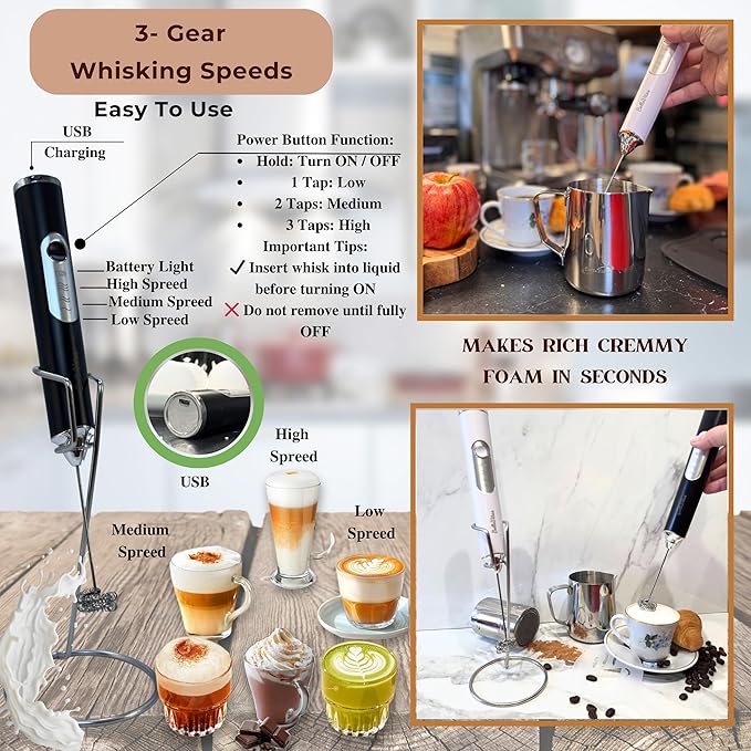 Rechargeable Handheld Milk Frother, Coffee Frother Wand with Stand and 2 Stainless Steel Whisks, Portable Mixer and Foamer, 3 Speed Whisk for Latte, Cappuccino, Matcha, Cocoa, Eggs, Black-1