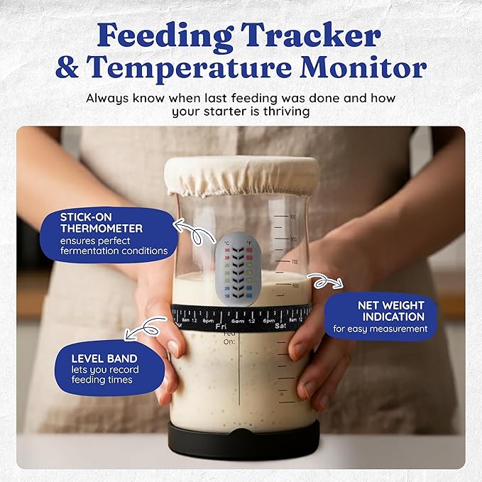 Complete Gluten Free Sourdough Starter Kit: Gluten Free 100+ Year Old Dehydrated Sourdough Starter, Sourdough Jar, Feeding Band, Cloth Cover, Spatula & Thermometer - Beginner Friendly Sourdough Kit
