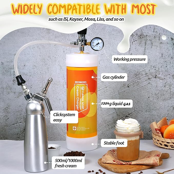 Yummy Original Flavor Whip 2050G Whipped Cream Charger Whipped Cream Dispenser Food Grade Tank with nozzle (2 Cylinders)