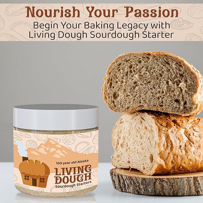 Living Dough -100 Year Old Alaska Sourdough Starter Culture - Active & Live Organic Sourdough Starter for Baking - For Artisanal Bread, Pizza Dough, Waffles & More