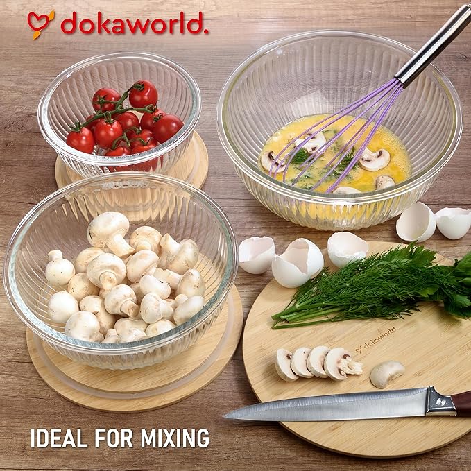 Stackable Space-Saving Nesting Set of 3 Glass Bowls with Bamboo Lids for Foodprep, Storage, Mixing & Cooking - Microwave & Oven Safe BPA Free Durable Heat Resistant Inert Borosilicate Glass