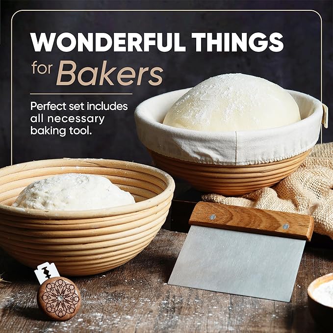 Banneton Proofing Basket Set – 2 Round 9 Inch Unbleached Rattan Baskets with Linen Liners, UFO Bread Lame (4 Blades), Dough Scraper – Sourdough Bread Baking Kit