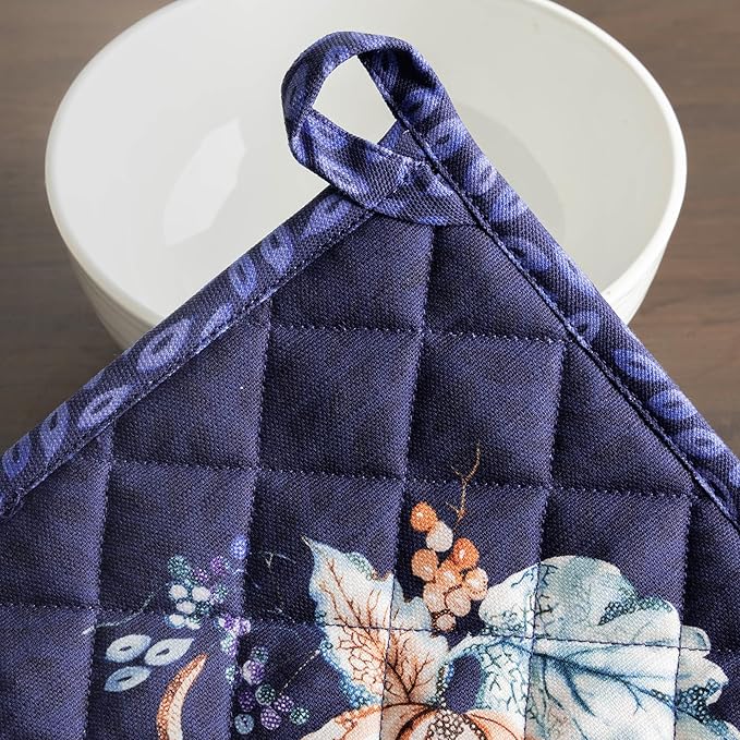 Maison d' Hermine Pot Holders 100% Cotton Heat Resistant Potholders 8" x 8" Hot Pads with Loop BBQ, Cooking, Baking, Grilling, Kitchen, Handling Hot Pans (Pack of 1, Pumpkin Blues)