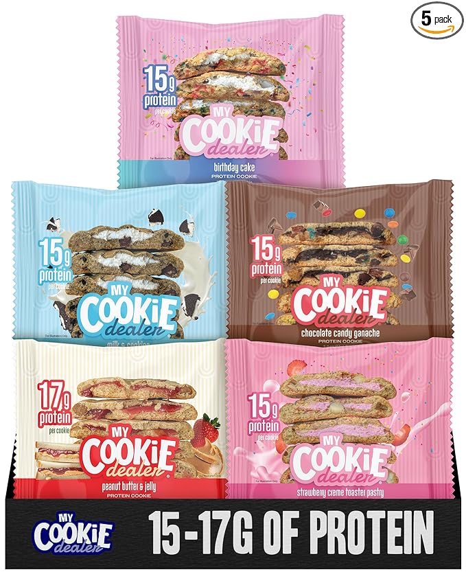 My Cookie Dealer Protein Cookies, Variety Pack (5-Pack, 2.2oz Each) - 15-17g of Protein per Cookie - Individually Wrapped Travel Snacks