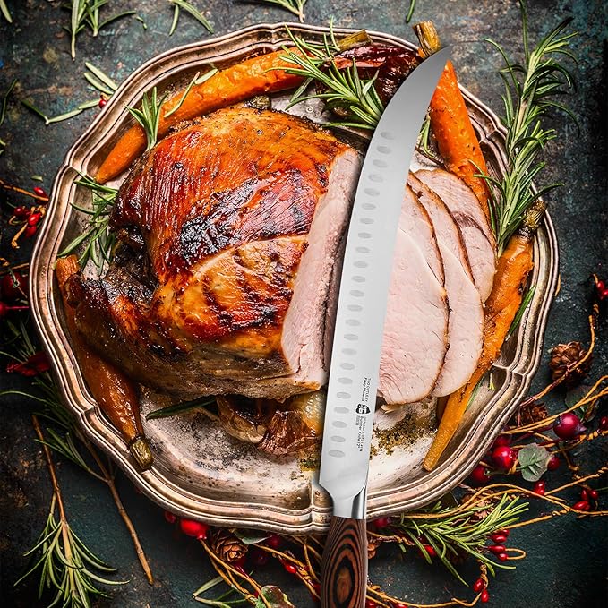 TUO Butcher Knife - 12 Inch Breaking Butcher s Knives Curved Granton Edge Carver Slicing Knife Long Meat Veggies Cleaver - German HC Steel Comfortable Pakkawood Handle - Fiery Series Gift Box Included