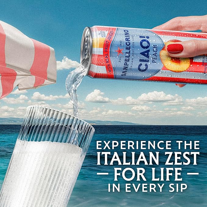 Sanpellegrino CIAO Peach Sparkling Water, Low-Calorie Italian Sparkling Water with Real Fruit Juices, 0g Added Sugar, 24-Pack