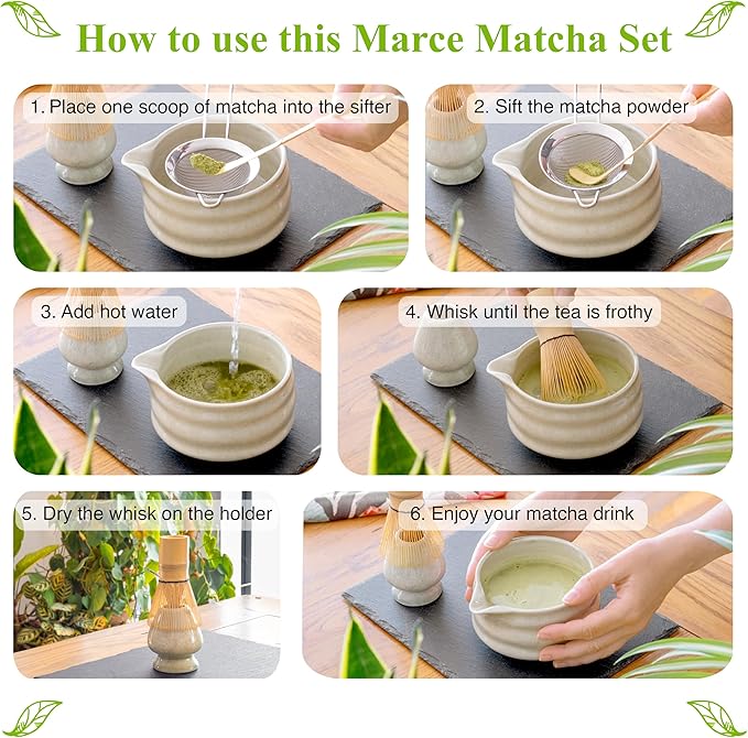 Marce Matcha Whisk Set- Matcha Set includes Matcha Whisk and Bowl (Bowl with Spout), Sifter, Holder and Scoop- The Perfect Bamboo Whisk for Matcha Tea (Molted Green)