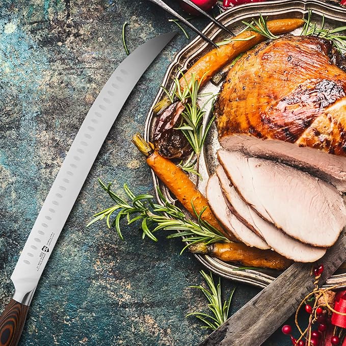 TUO Cimitar Butcher Knife - 14 Inch Butcher's Breaking Knife Long Meat Slicing Knives Pro Curved Slicer Carver - Forged German Steel with Full-Tang Pakkawood Handle - Fiery Series Gift Box Included