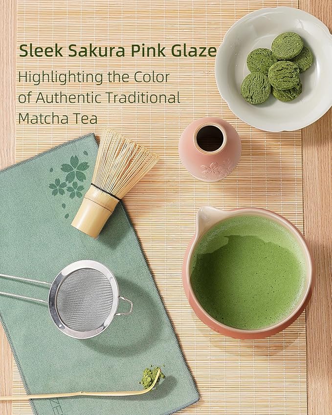 ZENS Matcha Whisk Set, Pink Ceramic Matcha Bowl with Embossed Sakura, 6pcs Matcha Tea Kit Includes Bamboo Whisk, (Chasen Holder) Scoop & Sifter, Tea Towel for Matcha Ceremony, Pink