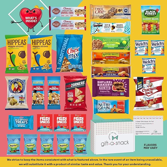 Gift A Snack - Thanksgiving, Holiday, Christmas Stocking Stuffer Healthy Snack Box Care Package + Greeting Card (30 Count) Birthday Treats Gift Basket, Nutritious Granola Breakfast Bars