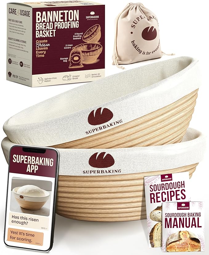 Superbaking Banneton Bread Proofing Basket Set of 2, 9" Splinter-Free Round Rattan Bread Basket with Liners, Sourdough Starter Kit, Sourdough Bread Baking Supplies & Sourdough Kit, Bread Making Tools